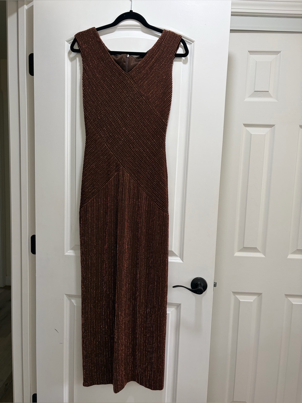 Alex Evenings Metallic Bronze Chevron Pleated Maxi Gown Dress Size 6 Made in USA